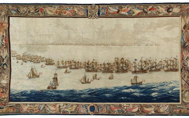 Het aangekochte wandtapijt The Fleets drawn up for Battle.